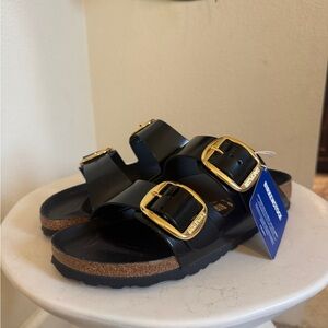 Birkenstock Black Sandals with Gold Buckles